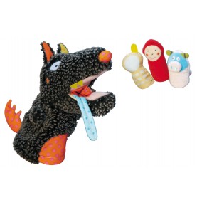 Doudou marionnette Louloup le loup et ses 3 petites marionnettes de doigts de la marque Ebulobo