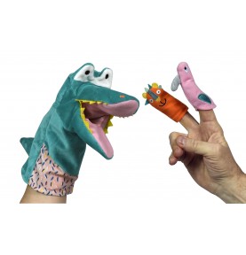 Marionnette Crocodile pour enfant de la marque Ebulobo avec ses deux marionnettes à doigt