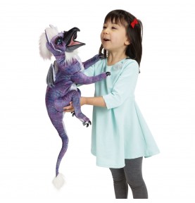 Jeune fille jouant avec Marionnette à main Dragon à bec signée Folkmanis