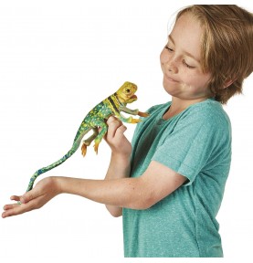 Enfant jouant avec Marionnette à doigt Mini lézard à collier signée Folkmanis